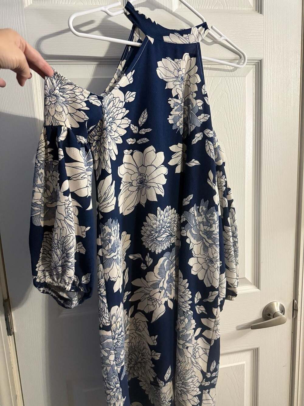 her. Clothing Blue and White Floral Halter Neck Cold Shoulder Dress